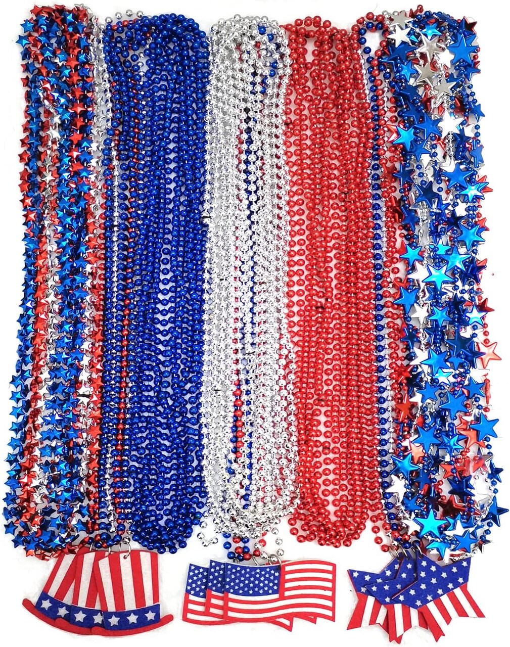 50 Pcs 4th of July Beads Necklaces Bulk, Metallic Red Bule Silver Patriotic Star Bead Necklaces for 4th of July Decoration